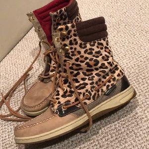 Sperry cheetah tie boots